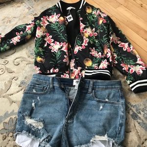 Both new floral jacket and pink cut offs Victoria